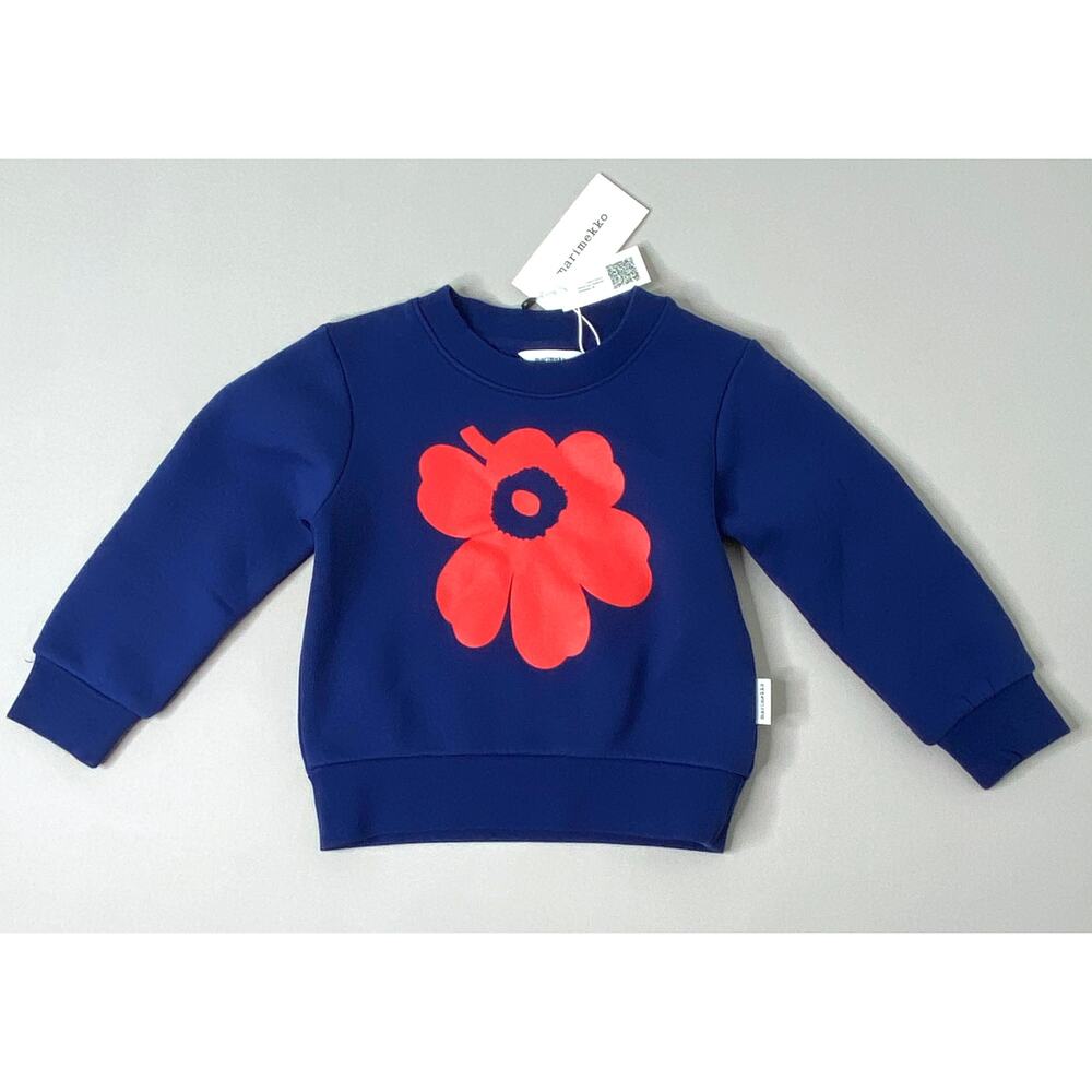 NWT Marimekko Navy Flower Sweatshirt Halli Unikko Placement 92/98 2T (~24 Mo) - Picture 2 of 7